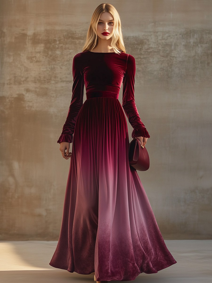 Elegant Straight Collar Trumpet Sleeves Burgundy Gradient Velvet Maxi Dress