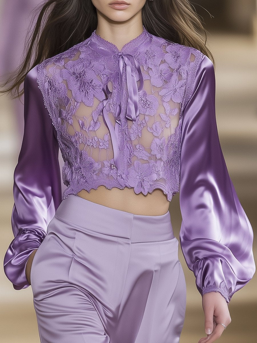 Elegant Purple Lace Splicing Satin Puff Sleeve Top