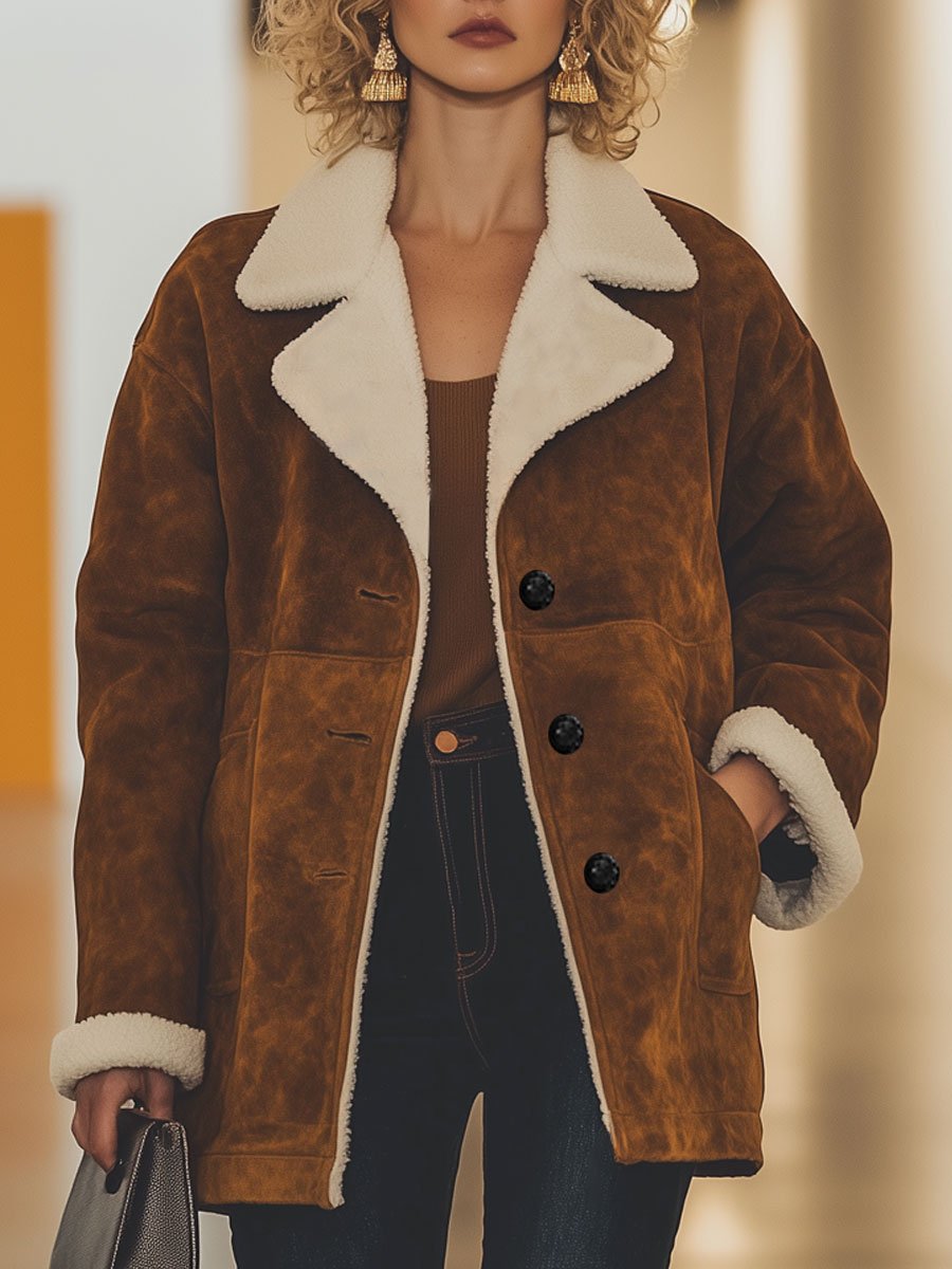 Casual Loose Retro Suede And Lambskin Single-Breasted Coat