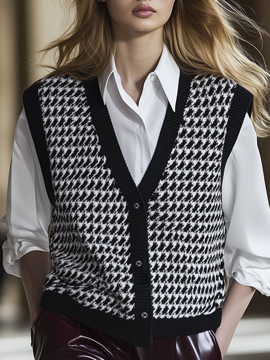 Retro Loose Fashion V-Neck Houndstooth Knitted Button Vest