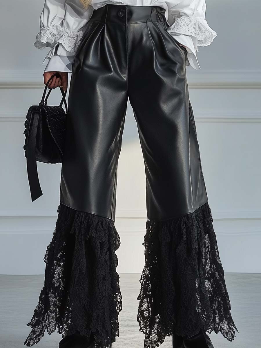 Fashionable Cool Lace Stitching Black Leather Wide-leg Pants