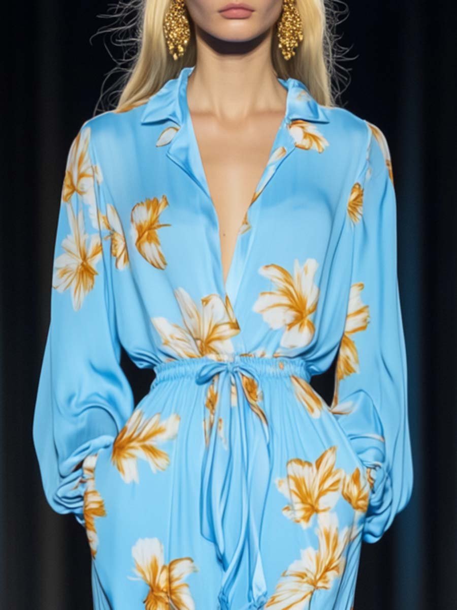 Elegant Casual Floral Print Waist Drawstring Light Blue Jumpsuit