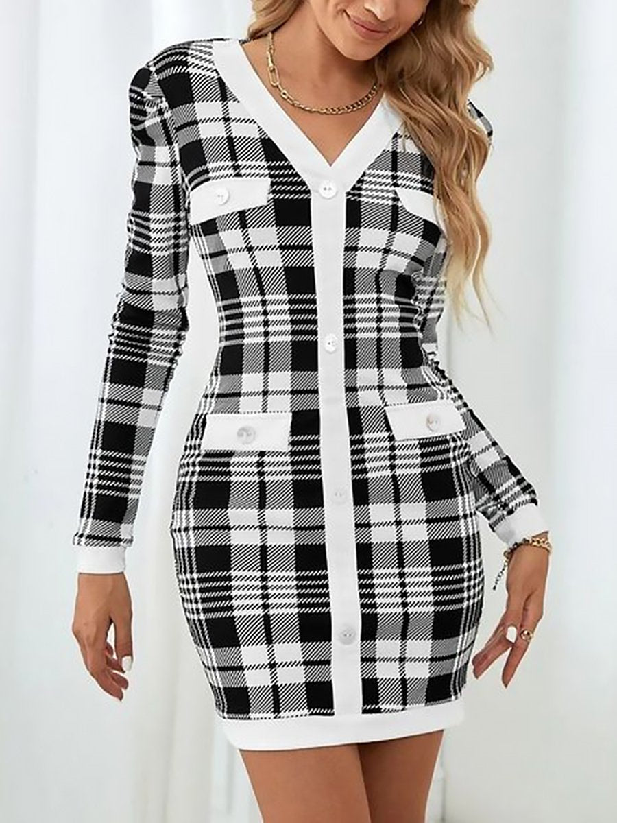 High-End And Fashionable Black And White Plaid Knitted Mini Dress