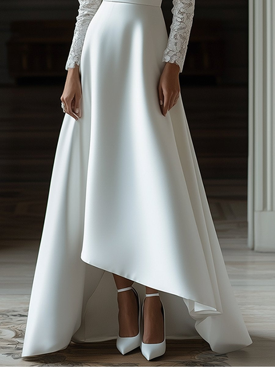 Classic Wedding Dress Style Lace Paneled Satin Long Sleeve Maxi Dress