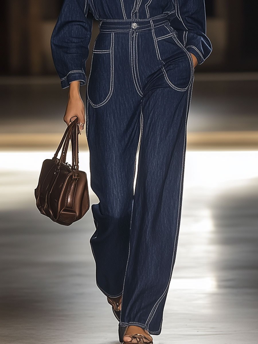 Casual Loose Contrast Color Stitching Pocket Long Sleeve Denim Jumpsuit