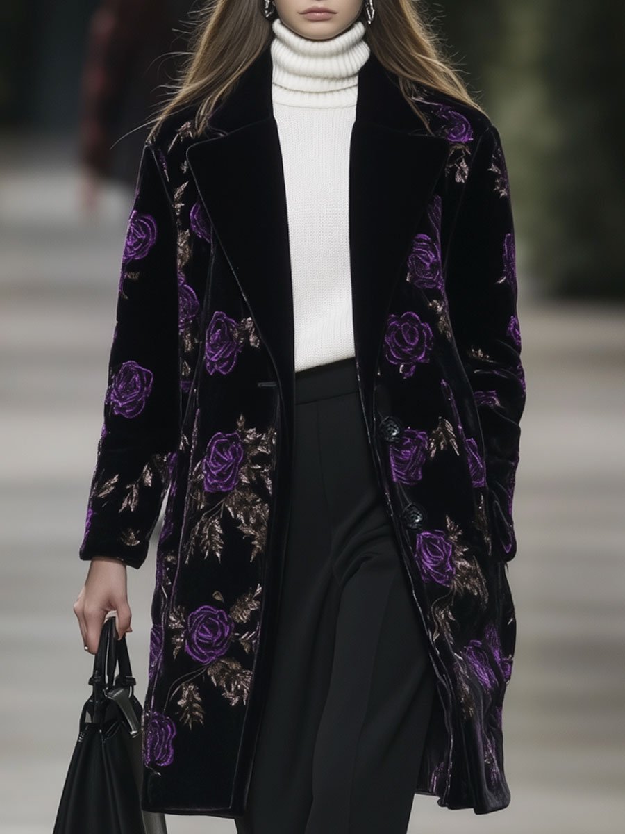 Casual Loose Retro Black Velvet Purple Rose Print Midi Pocket Coat