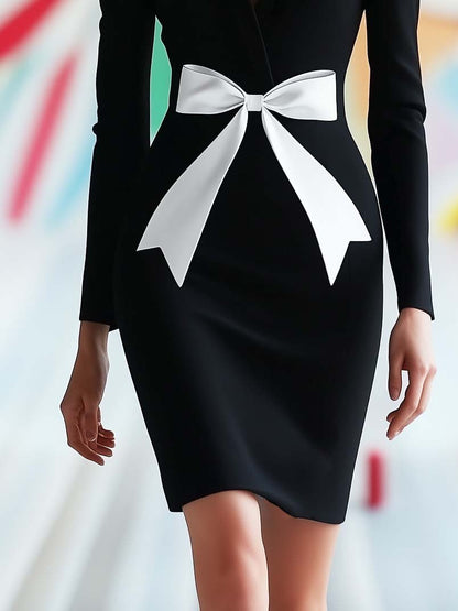 Elegant Bow Print Black Long Sleeve Midi Dress