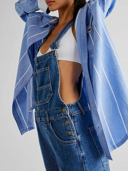 Casual Loose Denim Bib Pocket Sleeveless Jumpsuit