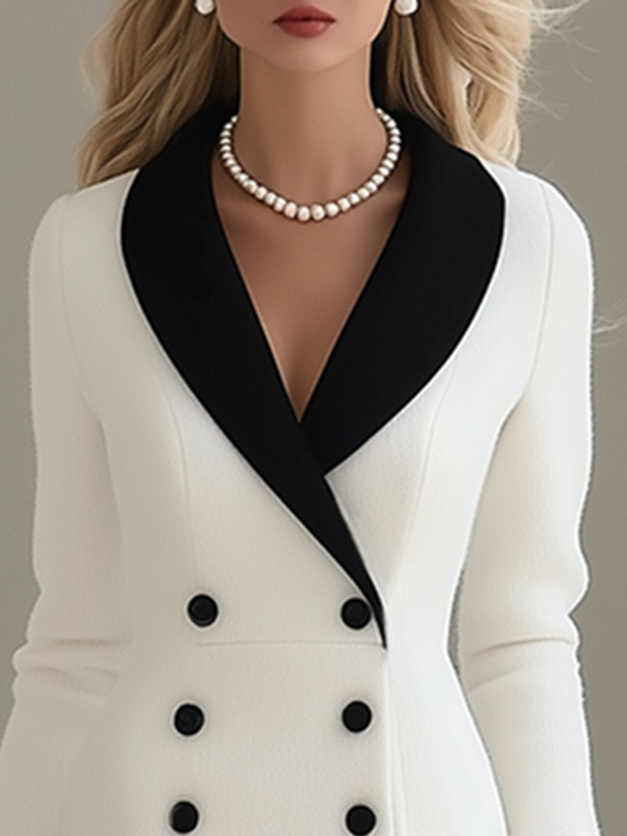 High-End And Elegant Black Lapel White Woolen Midi Dress