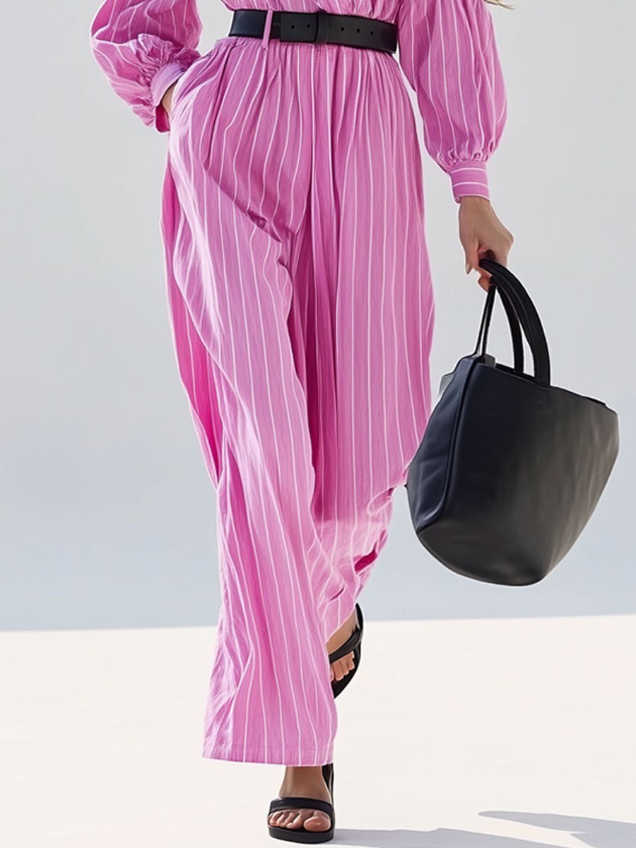 Casual Loose Retro Pink Striped Off-the-shoulder Shirt Long-sleeved Jumpsuit