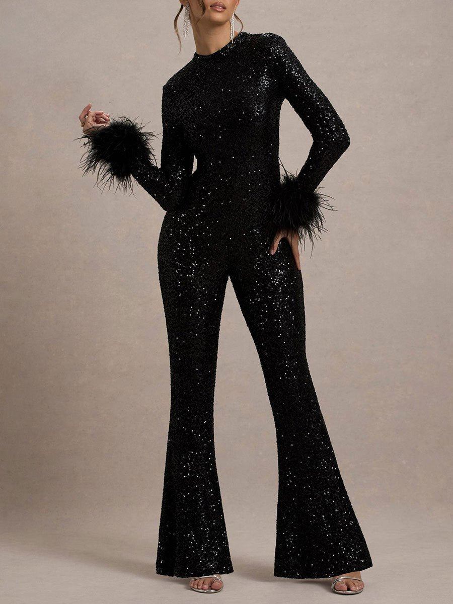 Fashion Party Sequin Feather Stitching Round Neck Long Sleeve Flared Jumpsuit