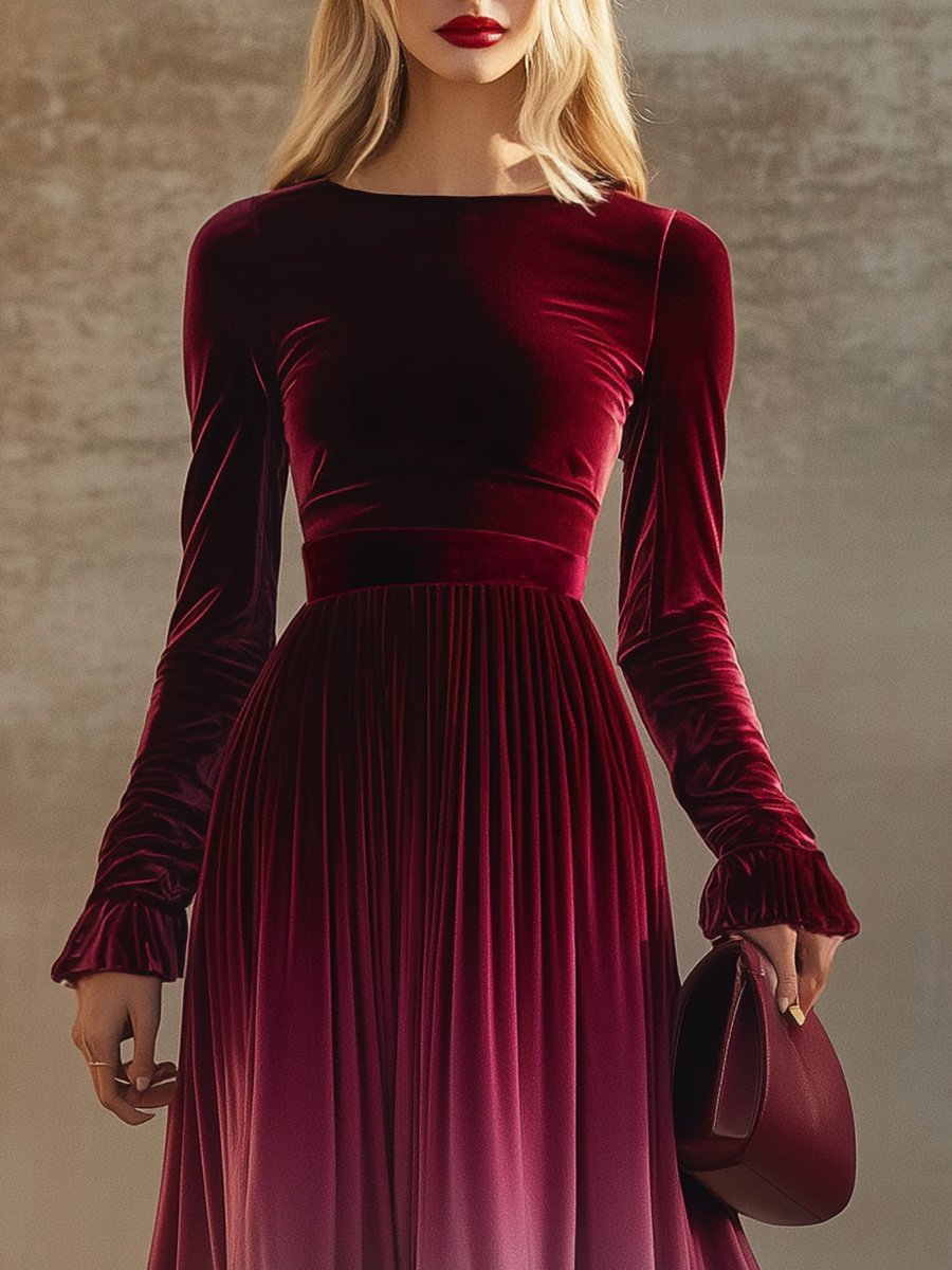 【24-hour shipping】Elegant Straight Collar Trumpet Sleeves Burgundy Gradient Velvet Maxi Dress