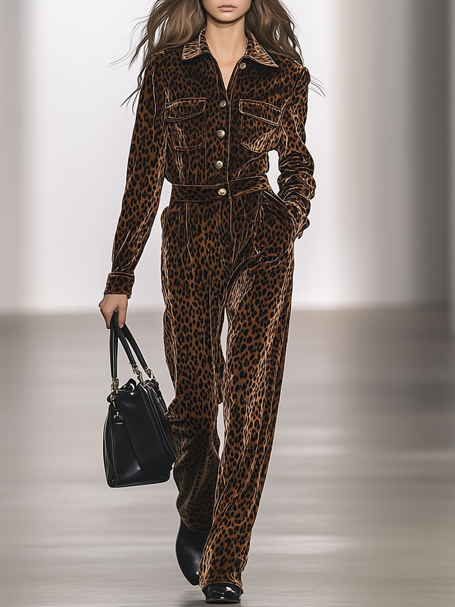 Casual Loose Retro Velvet Leopard Print Multi-Pocket Long Sleeve Jumpsuit