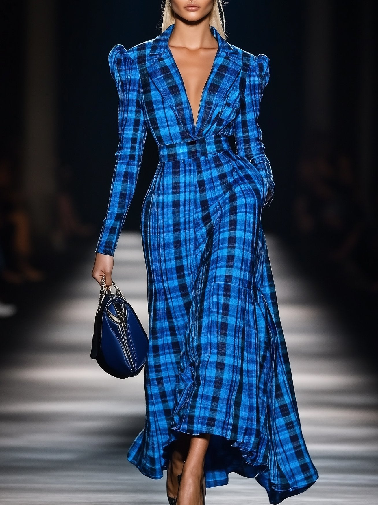 Elegant Lapel Plaid Long Sleeve Maxi Dress