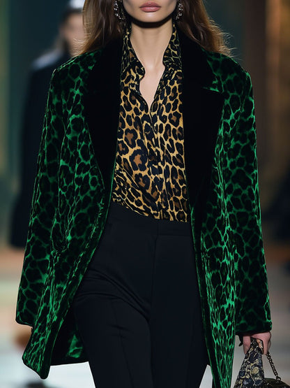 Casual Loose Retro Green Velvet Leopard Print Black Lapel Blazer