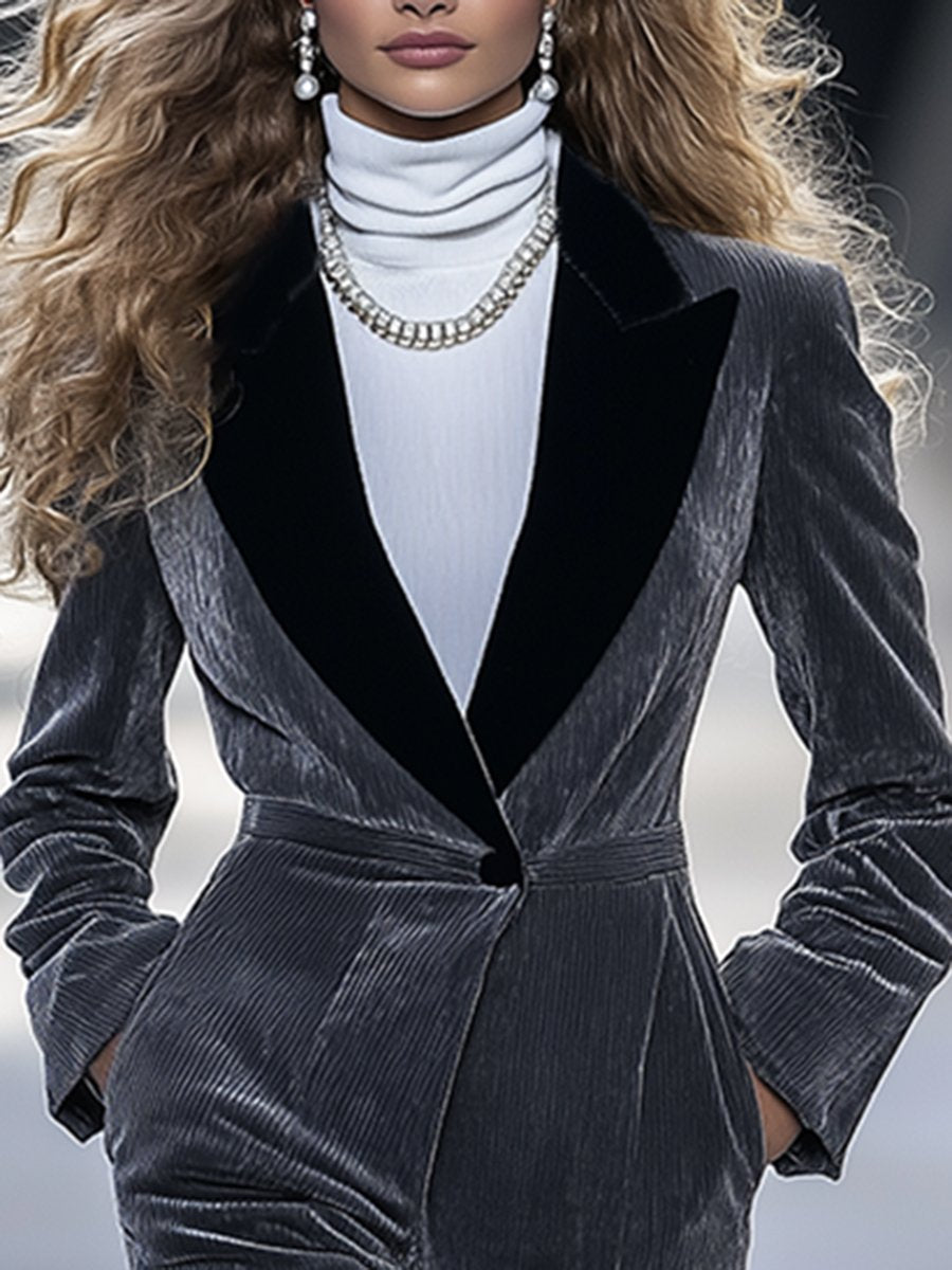 Retro Fashion Black Stitching Lapel Gray Velvet Jumpsuit