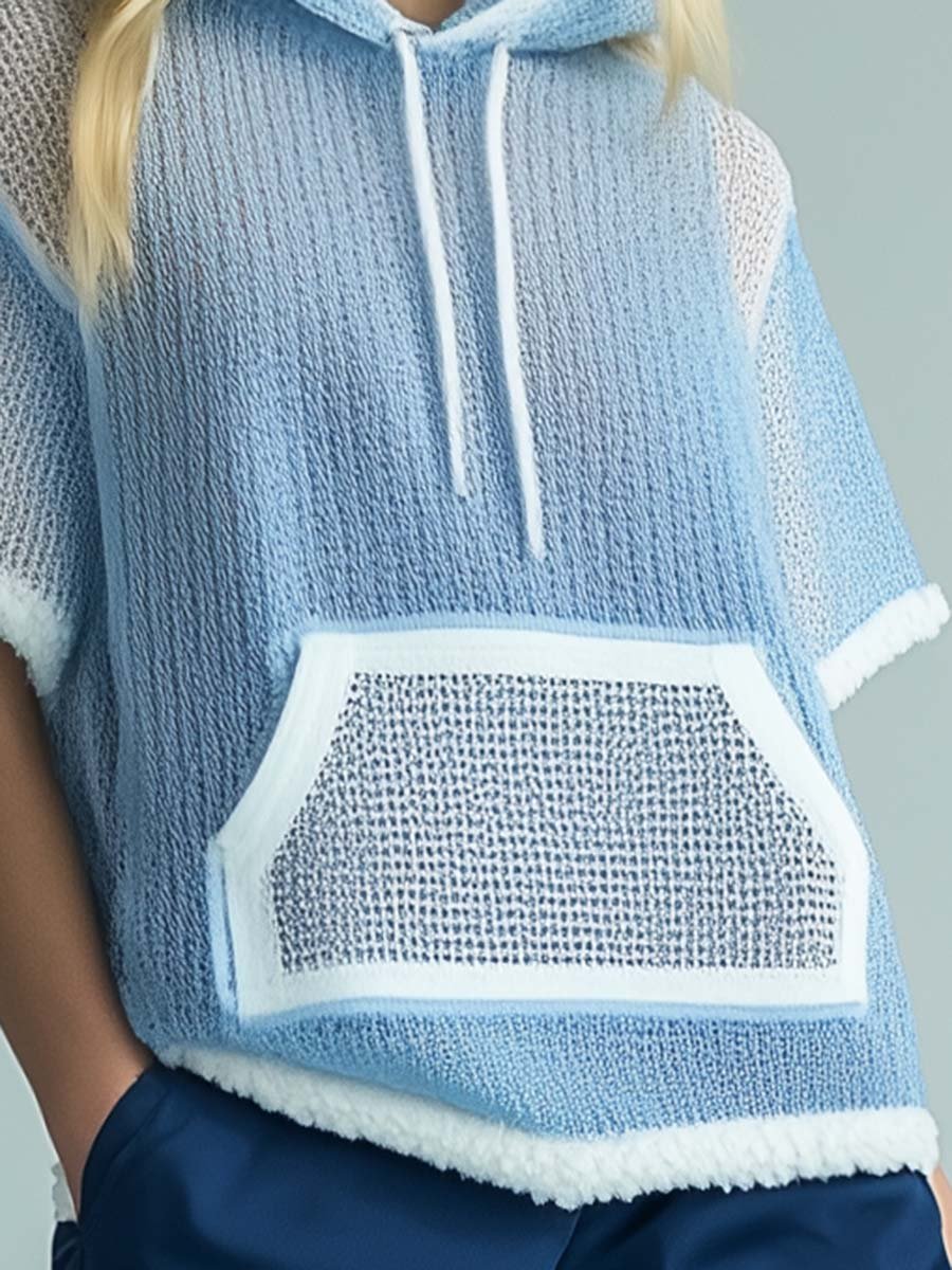 Fashionable Hooded White Trim Light Blue Semi-Transparent Knitted Mesh Sweatshirt