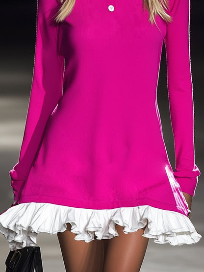 Lively Pink Ruffle Hem Long Sleeve Mini Dress