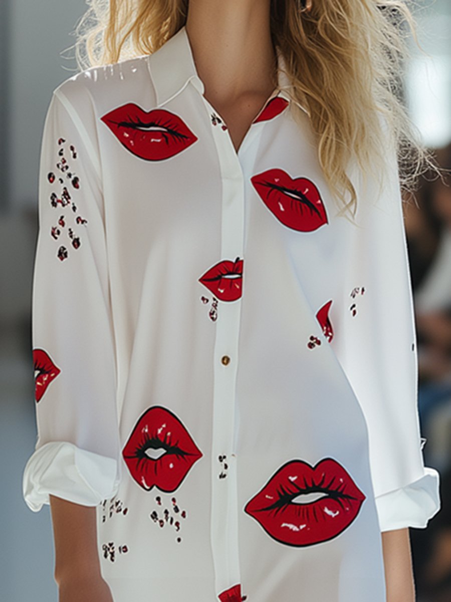 Casual And Fashionable Red Lip Print Shirt Dress