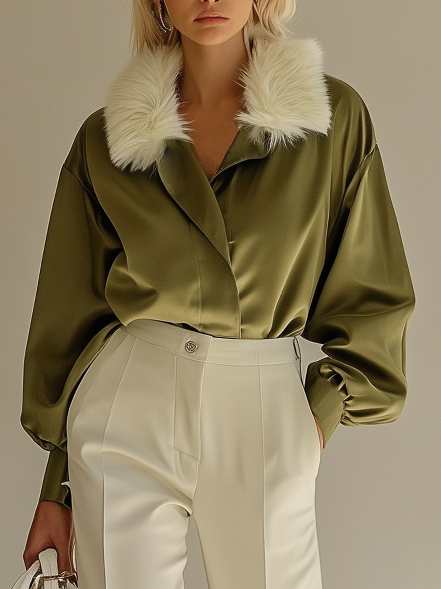 Vintage Olive Green Detachable Fur Collar Satin Shirt