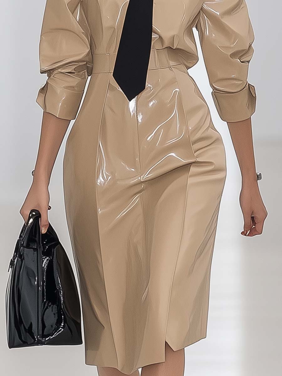 Fashion Commuter Black Tie Beige Patent Leather Midi Dress