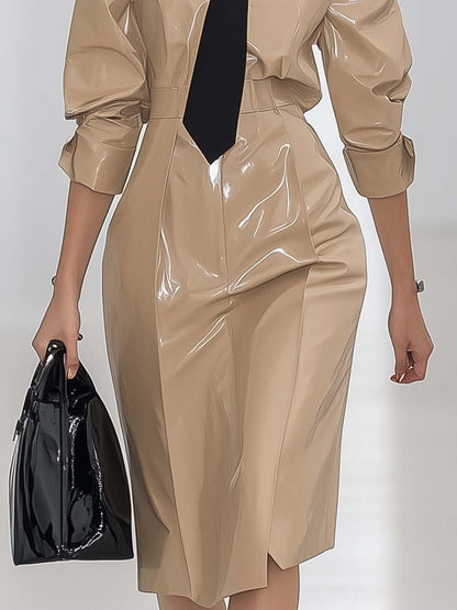 Fashion Commuter Black Tie Beige Patent Leather Midi Dress