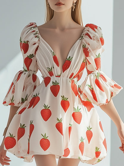 Fashion Strawberry Printed Chiffon Puff Sleeve Mini Dress