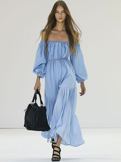 Casual Loose Blue Denim Mid Sleeve Off Shoulder Holiday Maxi Dress