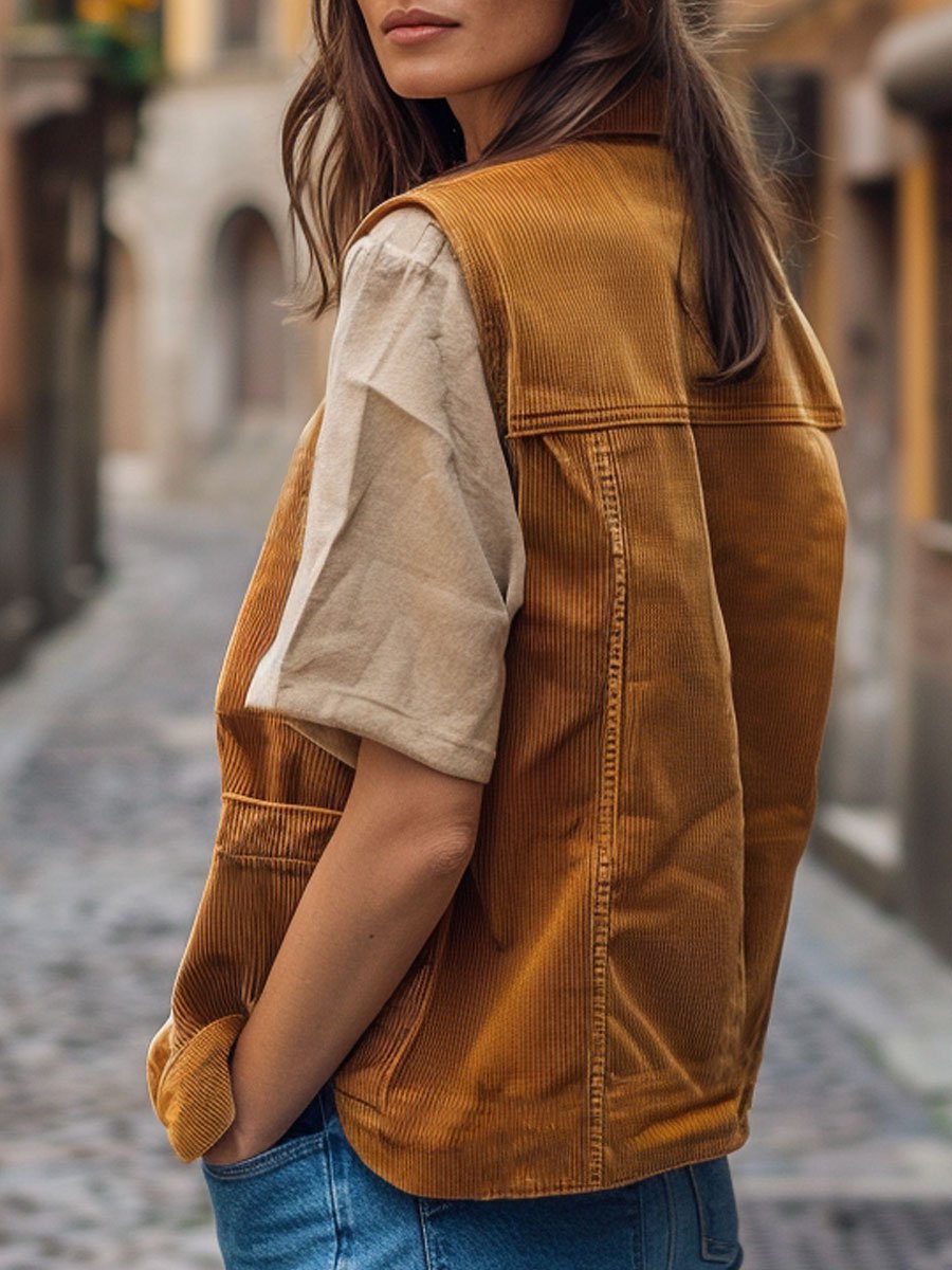 Casual Loose Pocket Vintage Corduroy Vest