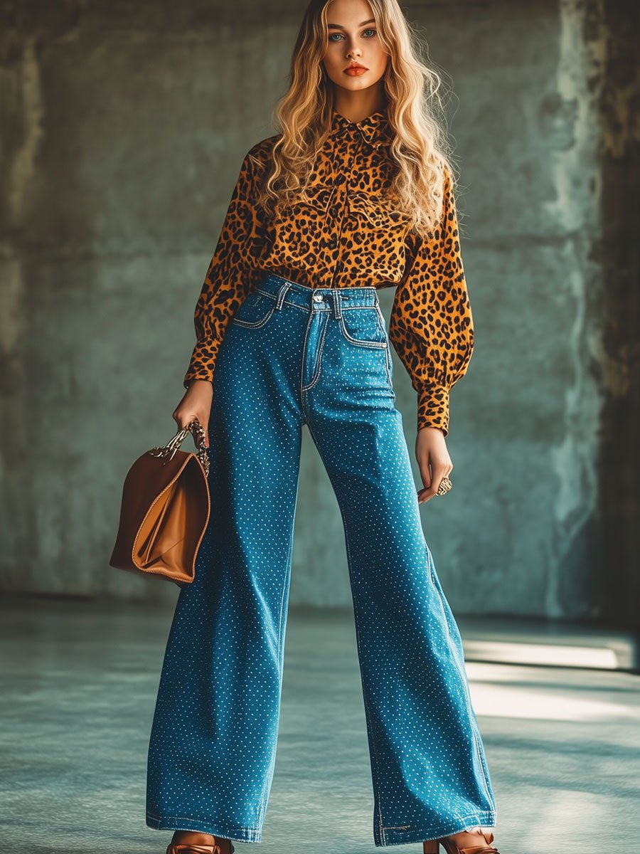 Relaxed Fit Vintage Polka Dot Print Jeans