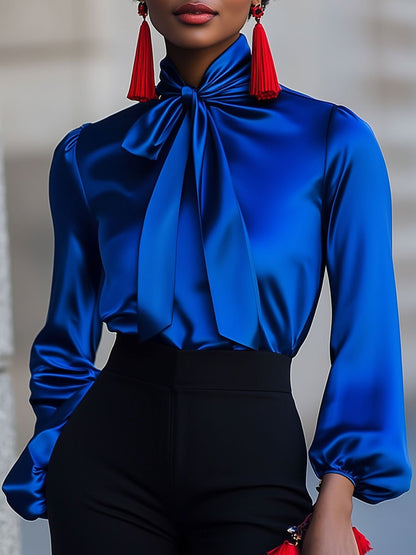 Retro Fashion Royal Blue Satin Lace-up Long Sleeve Blouse