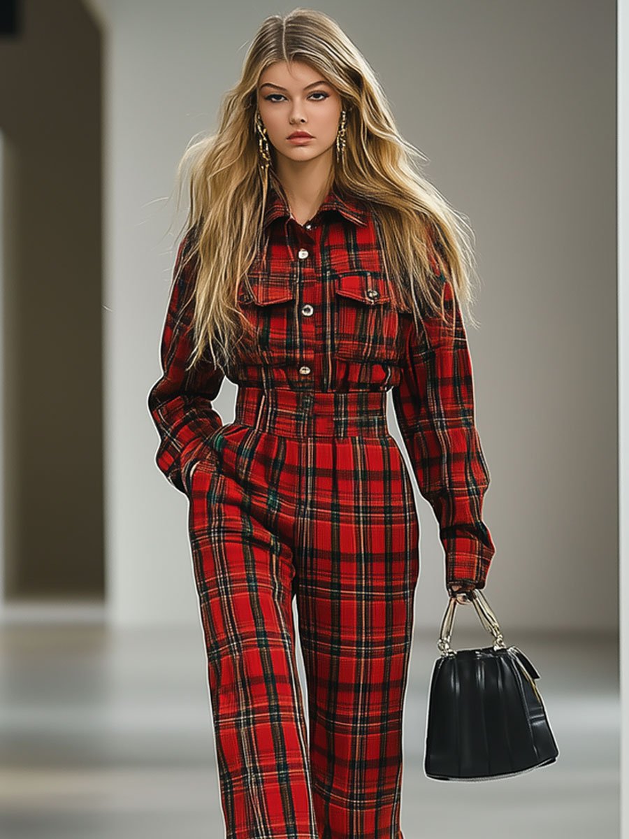 Casual Loose Retro Woolen Red And Green Plaid Multi-Pocket Long-Sleeved Jumpsuit