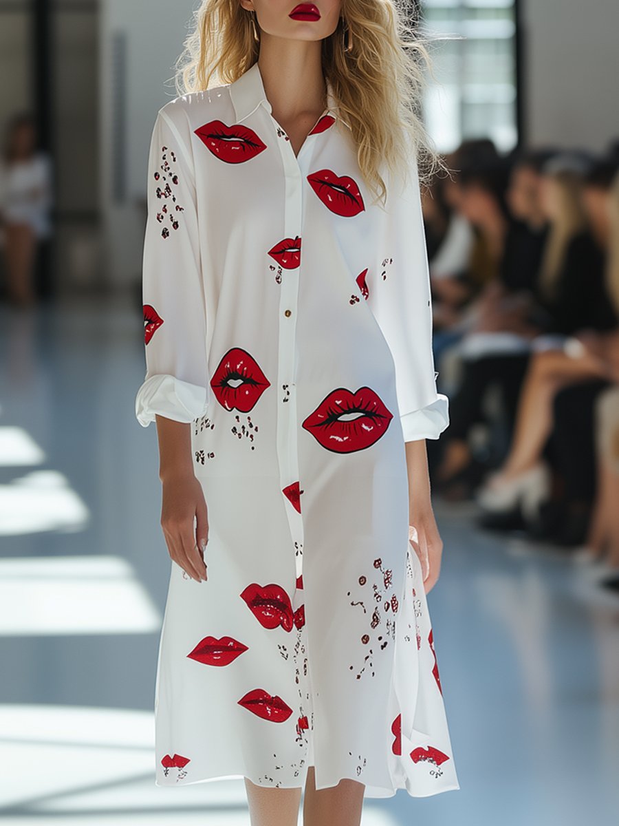 Casual And Fashionable Red Lip Print Shirt Dress