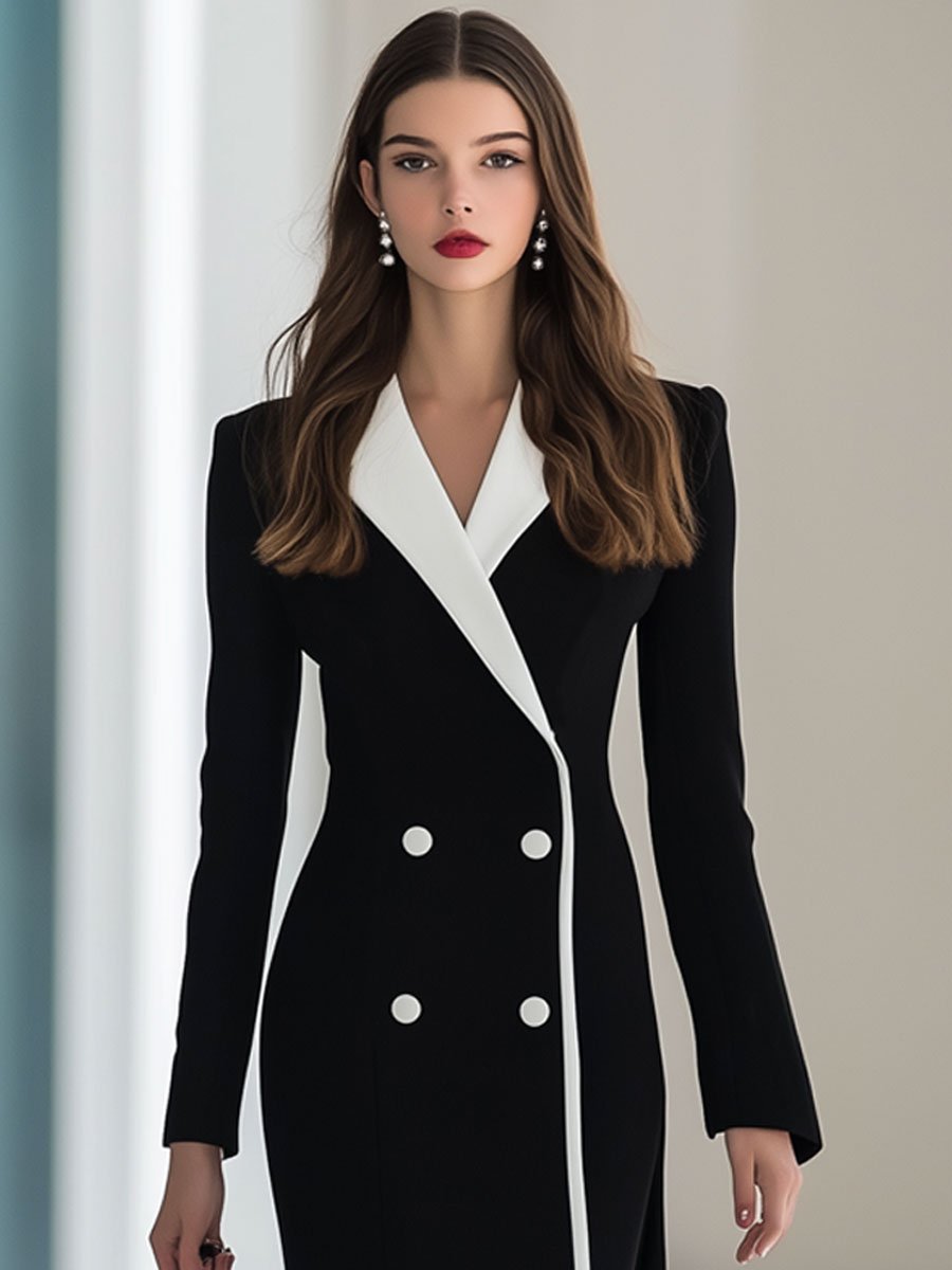 Casual Fashion Retro Black And White Color Matching Trench Coat Style Mini Dress