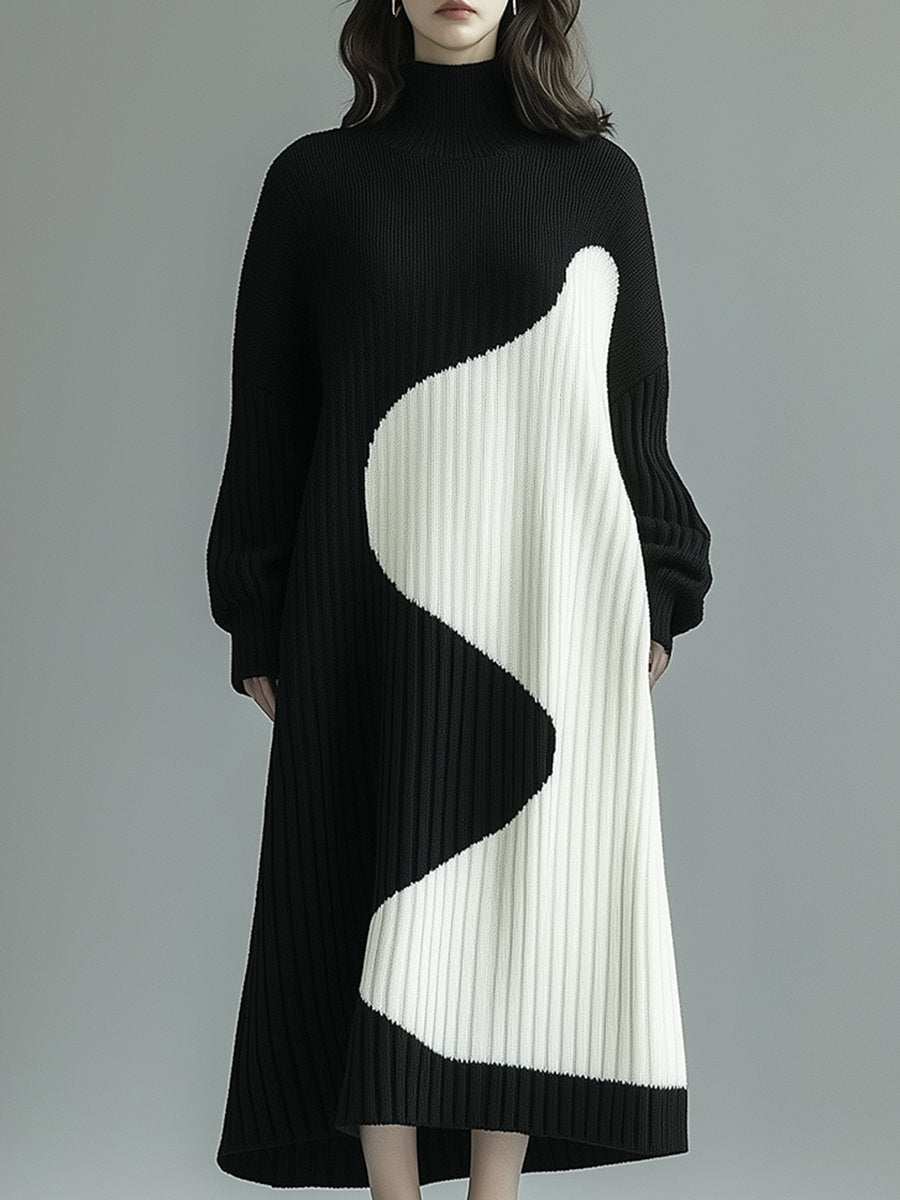 Lazy High-End Black And White Contrast Half-High Collar Pullover Knitted Dress