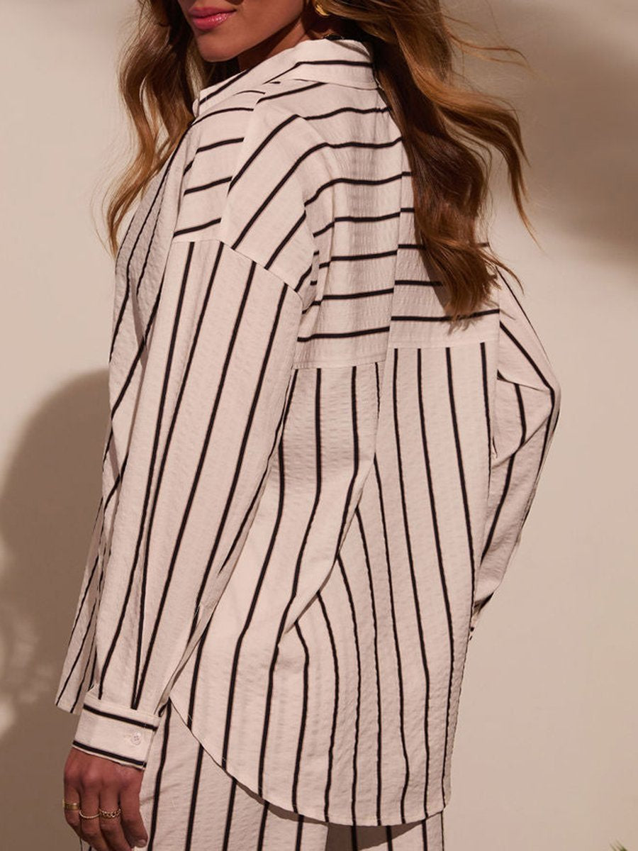 Casual Simple Striped Shirt Wide-Leg Pants Set