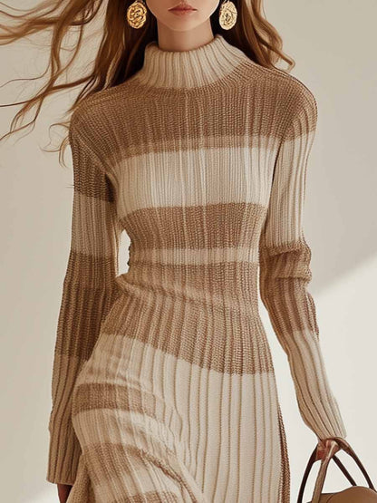 Elegant High Collar Beige Wide Stripes Contrast Knitted Maxi Dress