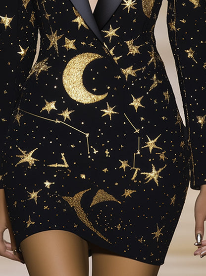 Retro High Fashion Gold Print Lapel Suit Mini Dress