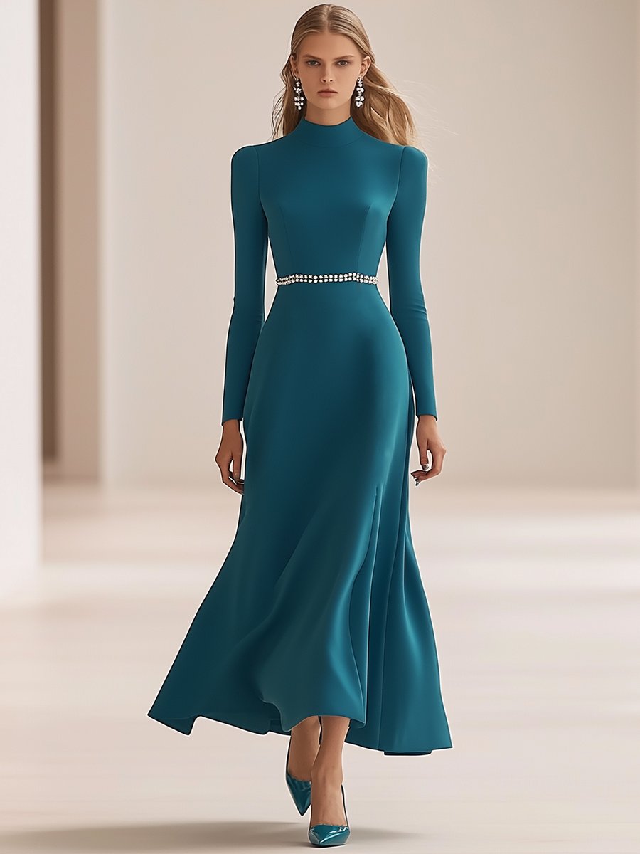 Retro Elegant Round Neck Peacock Blue Long Sleeve Maxi Dress