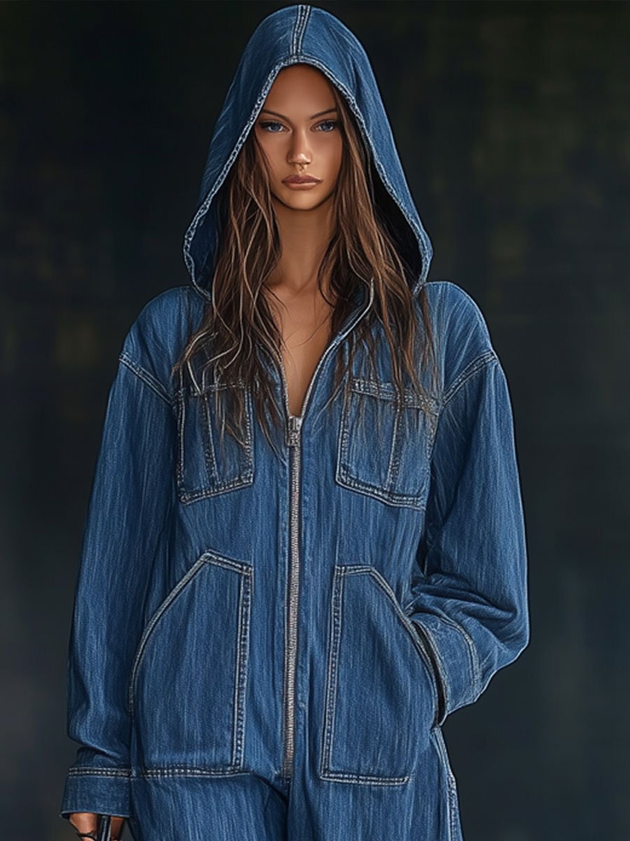 【24-hour shipping】Casual Loose Retro Pocket Long Sleeve Hooded Zipper Denim Jumpsuit