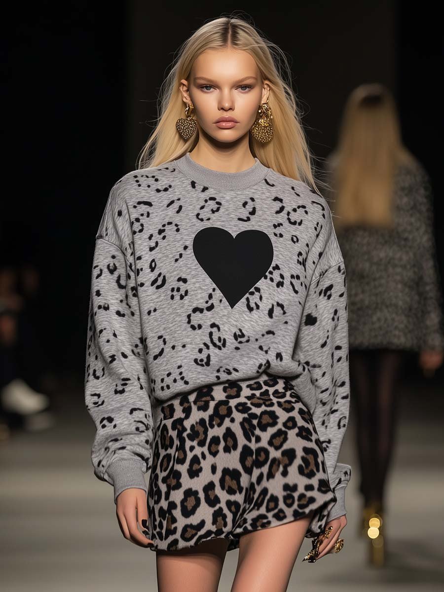 Fashionable Round Neck Heart Leopard Print Grey Sweatshirt