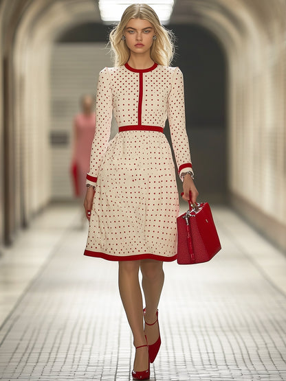 Retro Elegant Red Polka Dot Hemming Long Sleeve Midi Dress