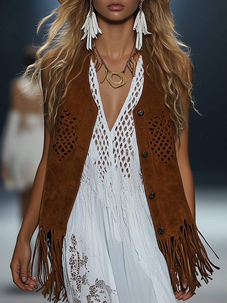 Retro Casual Fashionable Laser Hollow Suede Tassel Vest