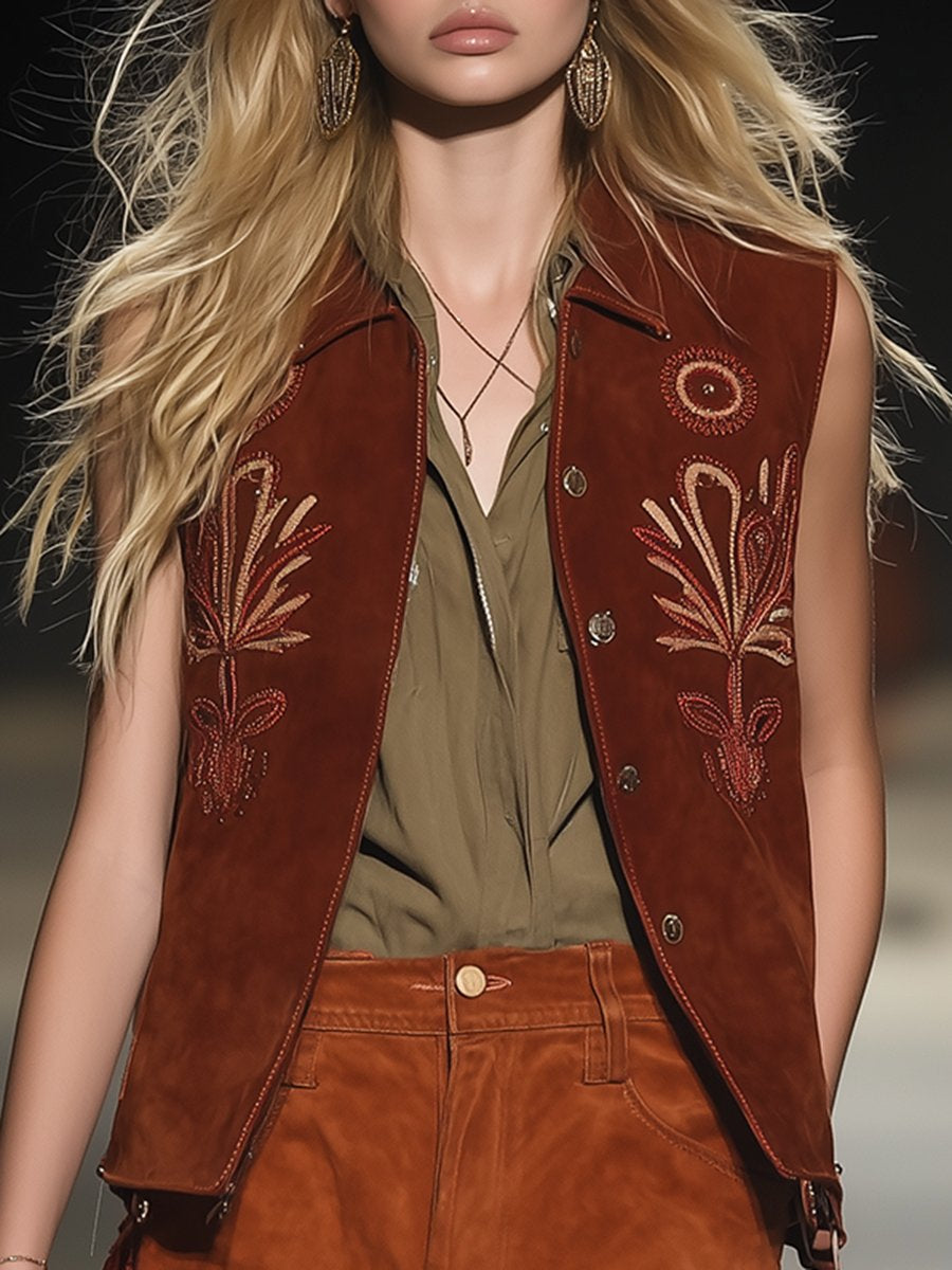 Vintage And Stylish Western Style Embroidered Suede Vest