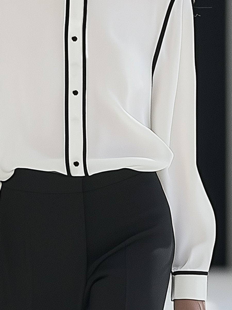 Elegant and Fashionable White Satin Stand Collar Black Edge Shirt