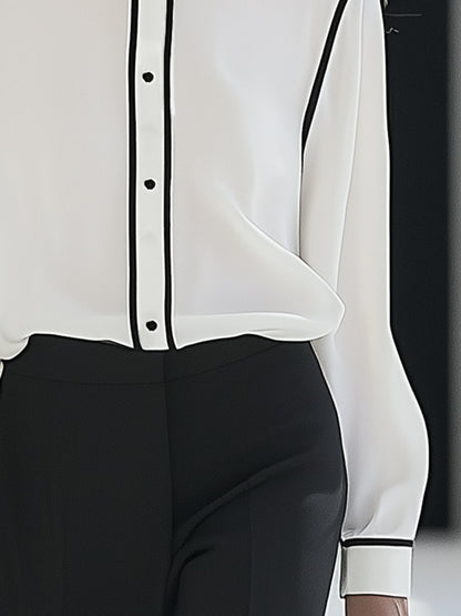 Elegant and Fashionable White Satin Stand Collar Black Edge Shirt