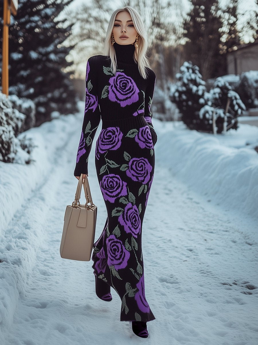 Fashionable Casual Slim High Collar Purple Rose Knitted Maxi Dress