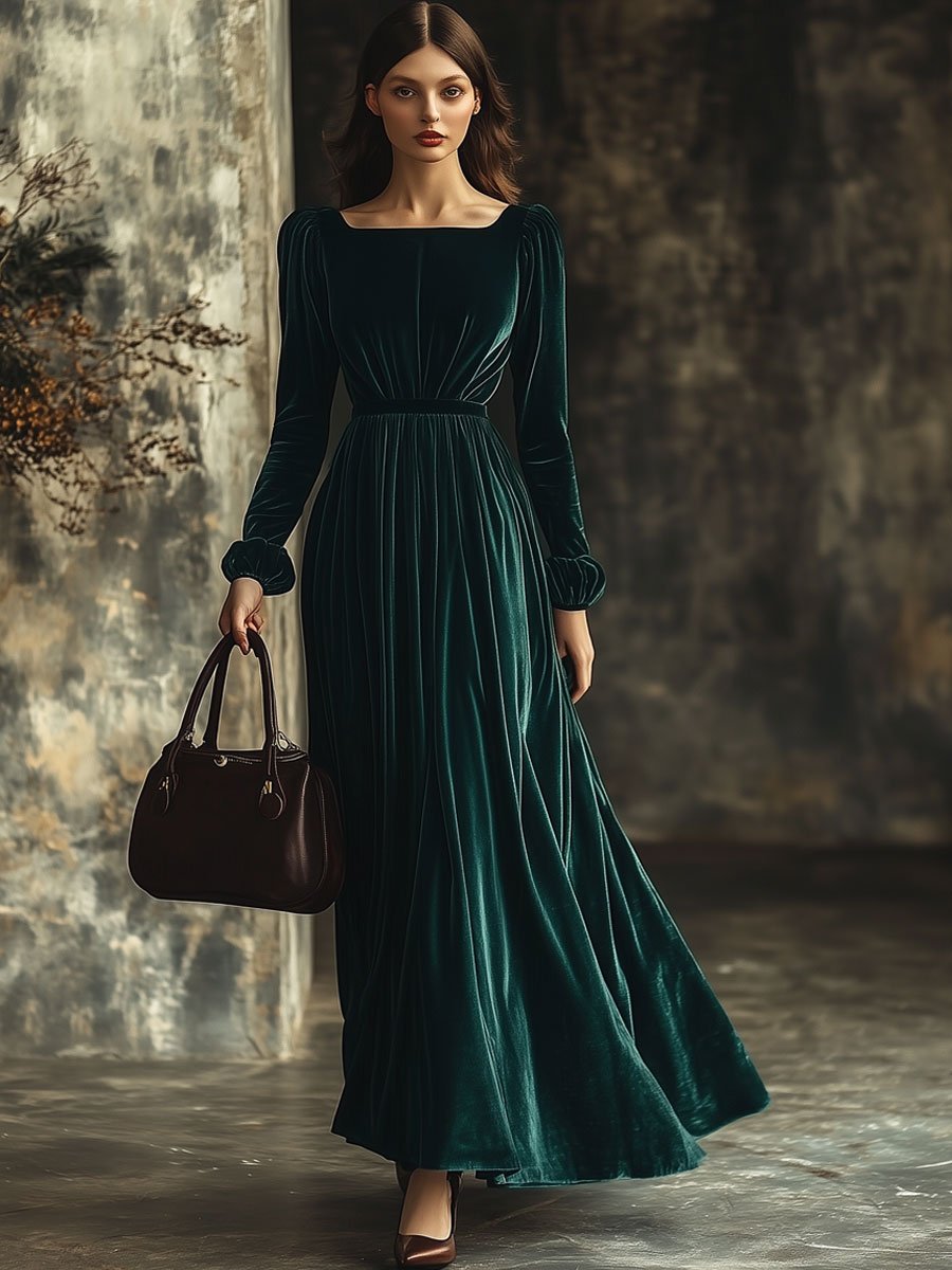 Square Neck Fashion Party Holiday Solid Color Velvet Long Sleeve Maxi Dress