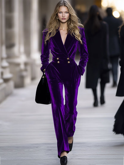 High-End Temperament Loose Retro Purple Velvet Jumpsuit