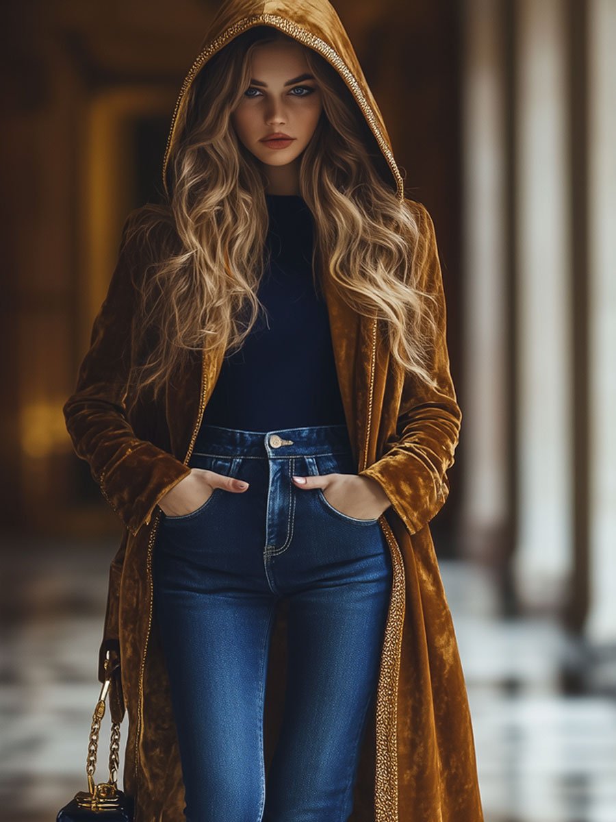 Casual Loose Retro Velvet Gold-Rimmed Hooded Mid-Length Coat